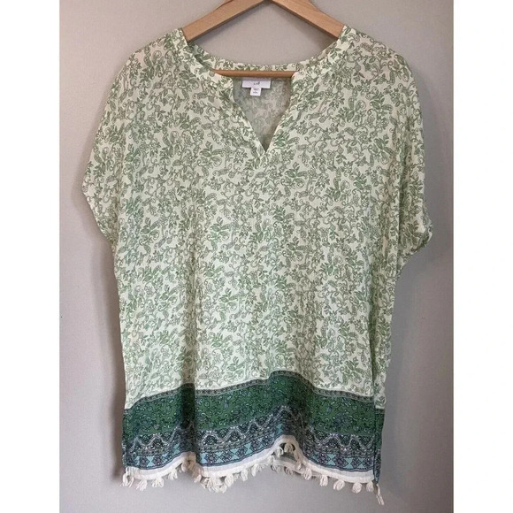J.Jill Shirt Blouse Green Cream Blue Tassel Size Large Petite LP - Picture 1 of 5
